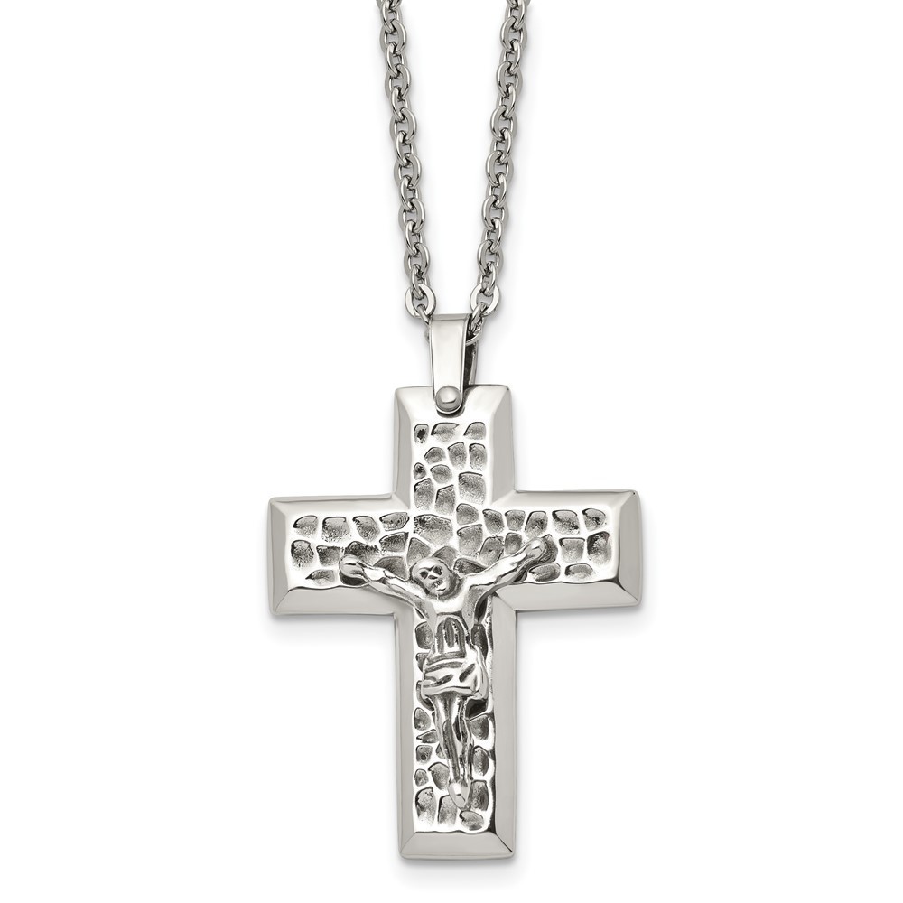 Chisel Stainless Steel Textured Crucifix Pendant w 20 inch Cable Chain Necklace